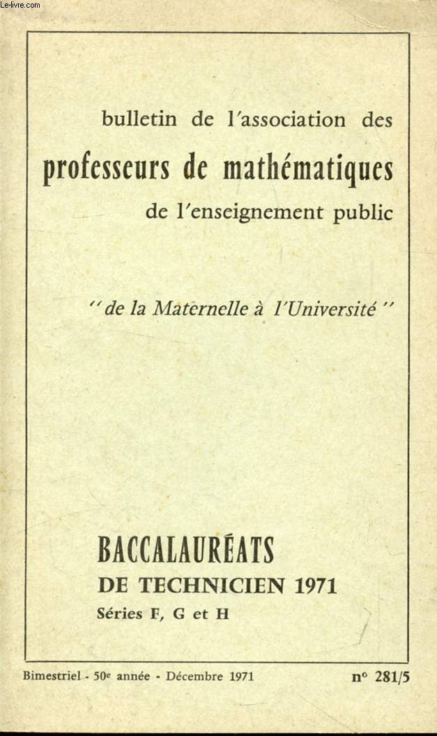 ANNALES DES BACCALAUREATS DE TECHNICIEN, MATHEMATIQUES F, G, H