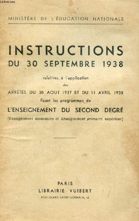 INSTRUCTIONS DU 30 SEPTEMBRE 1938