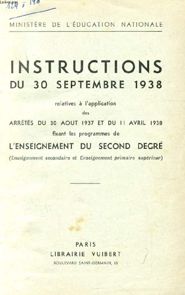 INSTRUCTIONS DU 30 SEPTEMBRE 1938