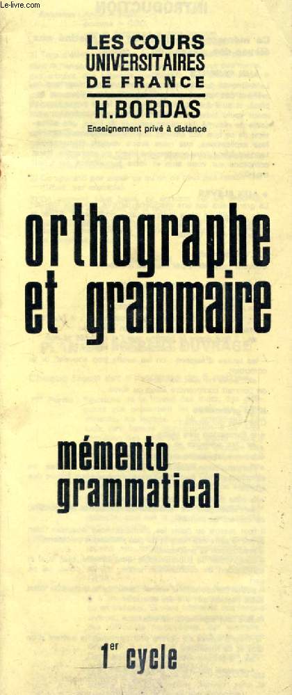 ORTHOGRAPHE ET GRAMMAIRE, MEMENTO GRAMMATICAL, 1er CYCLE