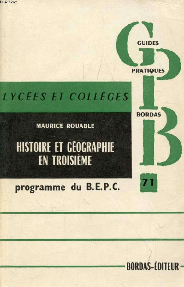 HISTOIRE ET GEOGRAPHIE EN 3e, PROGRAMME DU BEPC