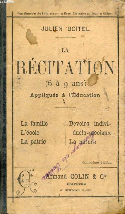 LA RECITATION (6-9 ANS) APPLIQUEE A L'EDUCATION, COURS ELEMENTAIRE