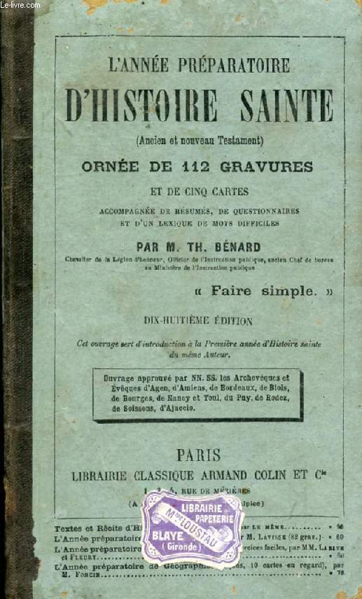 LECONS PREPARATOIRES D'HISTOIRE SAINTE (ANCIEN ET NOUVEAU TESTAMENT)