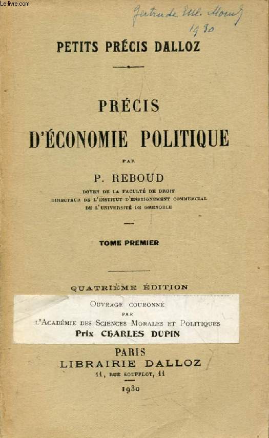 PRECIS D'ECONOMIE POLITIQUE, TOME I