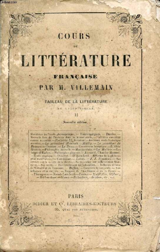 COURS DE LITTERATURE FRANCAISE, TABLEAU DE LA LITTERATURE AU XVIIIe SIECLE, TOME II