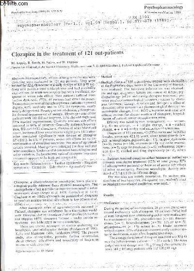 PSYCHOPHARMACOLOGY, VOL. 49, CLOZAPINE IN THE TRAETMENT OF 121 OUT-PATIENTS BY M. LEPPIG