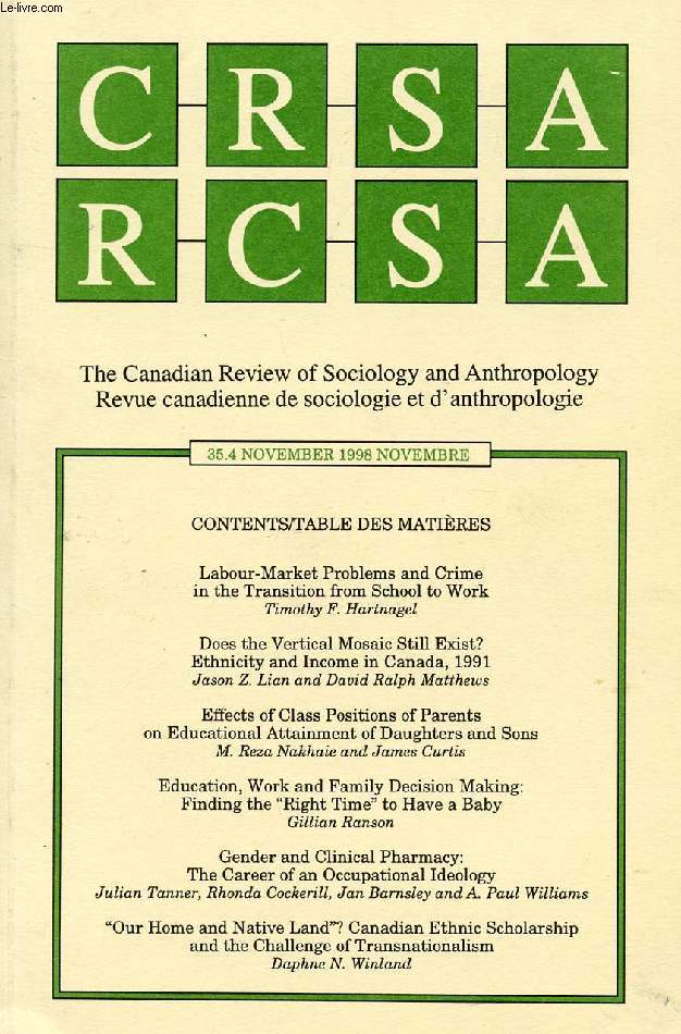 CRSA / RCSA, THE CANADIAN REVIEW OF SOCIOLOGY AND ANTHROPOLOGY, 35.4, NOV. 1998