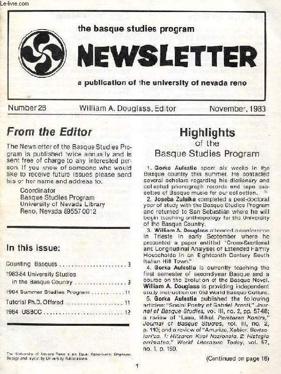 THE BASQUE STUDIES PROGRAM NEWSLETTER, N 28, NOV. 1983