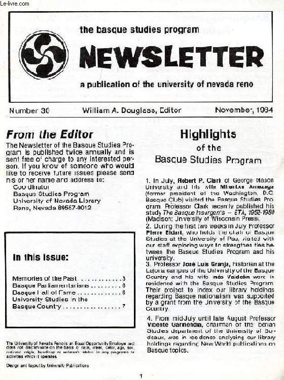 THE BASQUE STUDIES PROGRAM NEWSLETTER, N 30, NOV. 1984