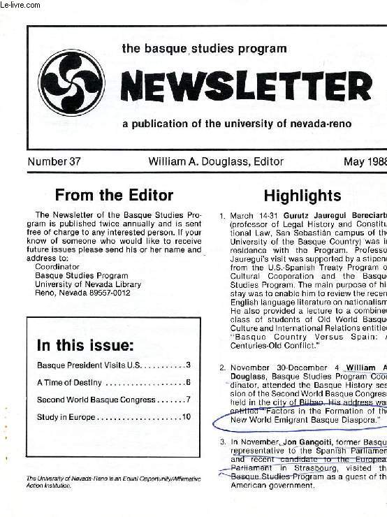 THE BASQUE STUDIES PROGRAM NEWSLETTER, N 37, MAY 1988