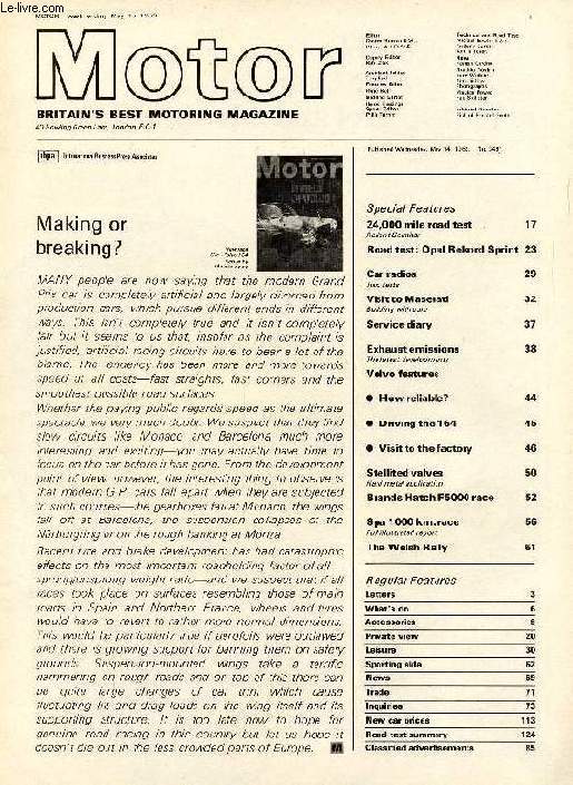 MOTOR, N 3491, MAY 14, 1969 (Contents: 24,000 mile road test, Reliant Scimitar. Road test: Opel Rekord Sprint. Car radios, Two tests. Visit to Maserati, Building with care. Service diary Exhaust emissions, The latest developments. Volvo features...)