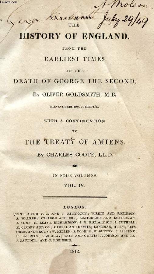 THE HISTORY OF ENGLAND FROM THE EARLIEST TIMES TO THE DEATH OF GEORGE THE SECOND, WITH A CONTINUATION TO THE TREATY OF AMIENS, VOL. IV