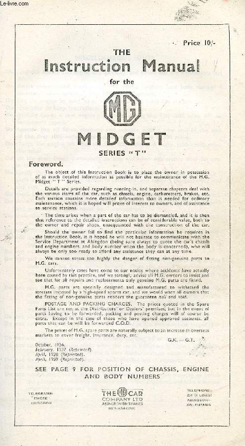 THE INSTRUCTION MANUAL FOR THE MG MIDGET SERIES 'T' (FAC-SIMILE)