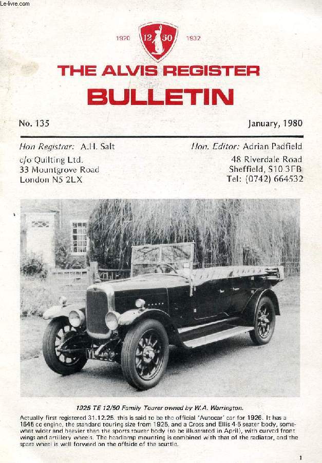 THE ALVIS REGISTER BULLETIN, N 135, JAN. 1980 (Contents: WM 47, A reunion. The Lakeland: Two views. TOSC 200: GT 587)