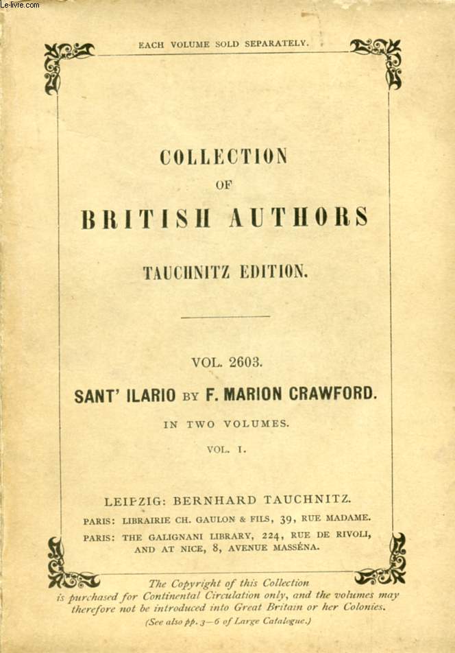 SAINT'ILARIO, 2 VOLUMES (COLLECTION OF BRITISH AND AMERICAN AUTHORS, VOL. 2603-2604)