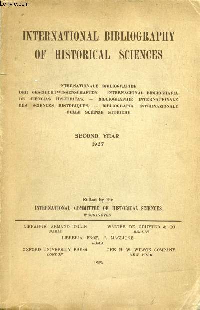INTERNATIONAL BIBLIOGRAPHY OF HISTORICAL SCIENCES, SECOND YEAR, 1927