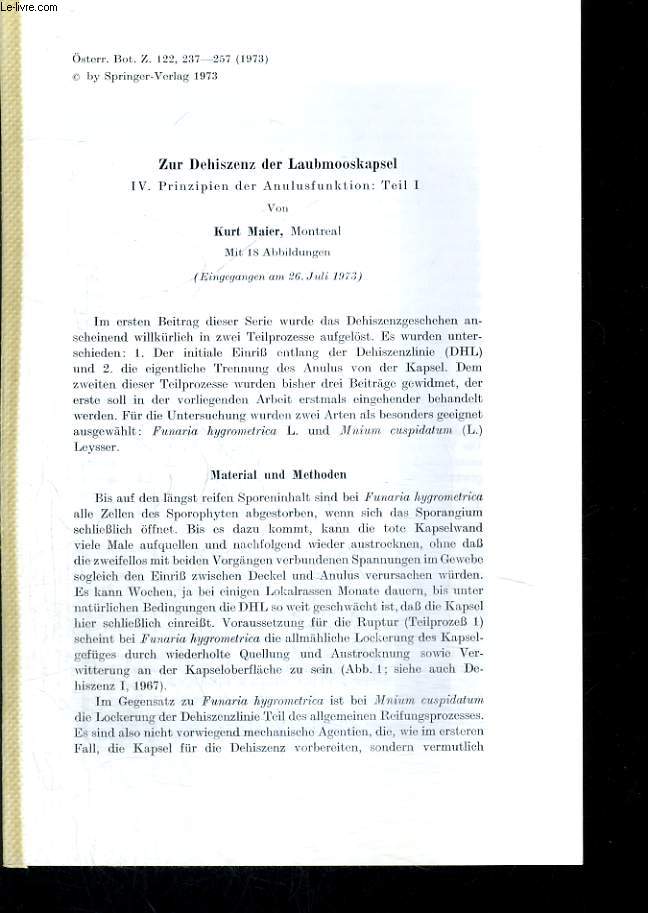 STERREICHISCHEN BOTANISCHEN ZEITSCHRIFT N122, 1973. ZUR DEHISZENZ DER LAUBMOOSKAPEL IV. PRINZIPIEN DER ANULUSFUNKTION: TEIL I