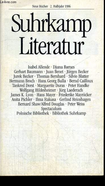 SUHRKAMP LITERATUR. NEUE BCHER 2. HALBJAHR 1986.