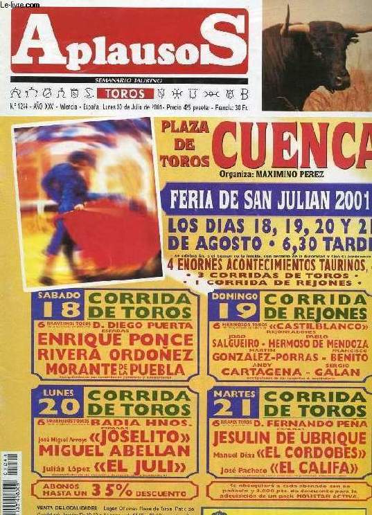 APLAUSOS, SEMANARIO TAURINO, AO XXV, N 1244, JULIO 2001