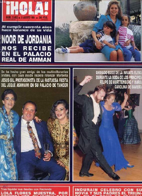 HOLA!, N 2452, AGOSTO 1991 (Sumario: Noor de Jordania. David Soul (Hutch). Alberto de Monaco. Balduino de Belgica. Linda Gray. Conrado San Martin, la boda de su hija Beatriz. Juan Pablo II, en el Cervino. Lola Flores. Miguel Indurain...)