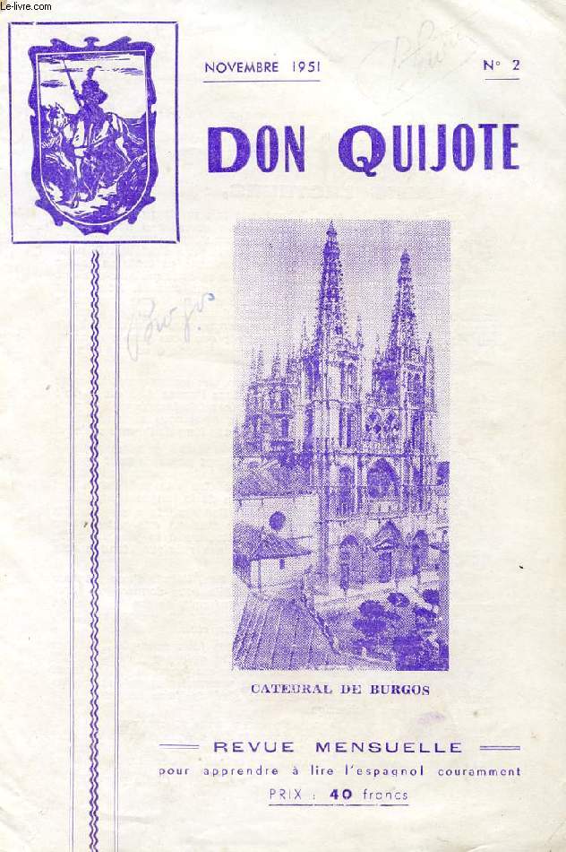 DON QUIJOTE, REVUE MENSUELLE POUR APPRENDRE A LIRE L'ESPAGNOL COURAMMENT, N 2, NOV. 1951 (BURGOS)