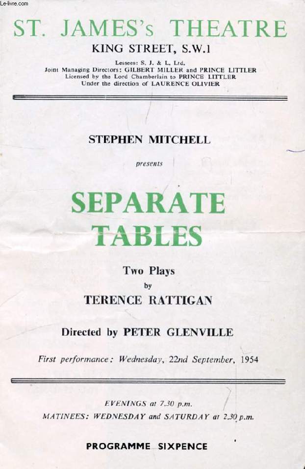 ST. JAME'S THEATRE (PROGRAMME), SEPARATE TABLES, TWO PLAYS BY TERENCE RATTIGAN