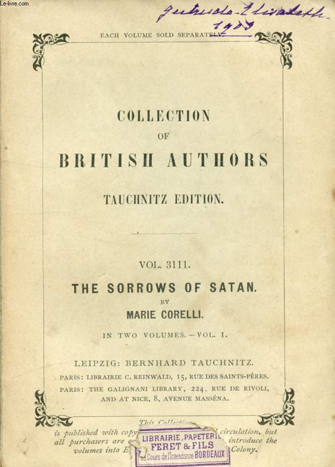 THE SORROWS OF SATAN (COLLECTION OF BRITISH AUTHORS, VOL. 3111, 3112)