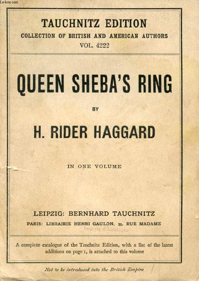 QUEEN SHEBA'S RING (COLLECTION OF BRITISH AND AMERICAN AUTHORS, VOL. 4222)