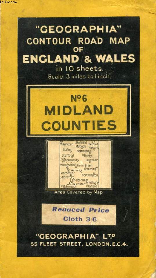 MIDLAND COUNTIES, GEOGRAPHIA CONTOUR ROAD MAP OF ENGLAND AND WALES, N 6