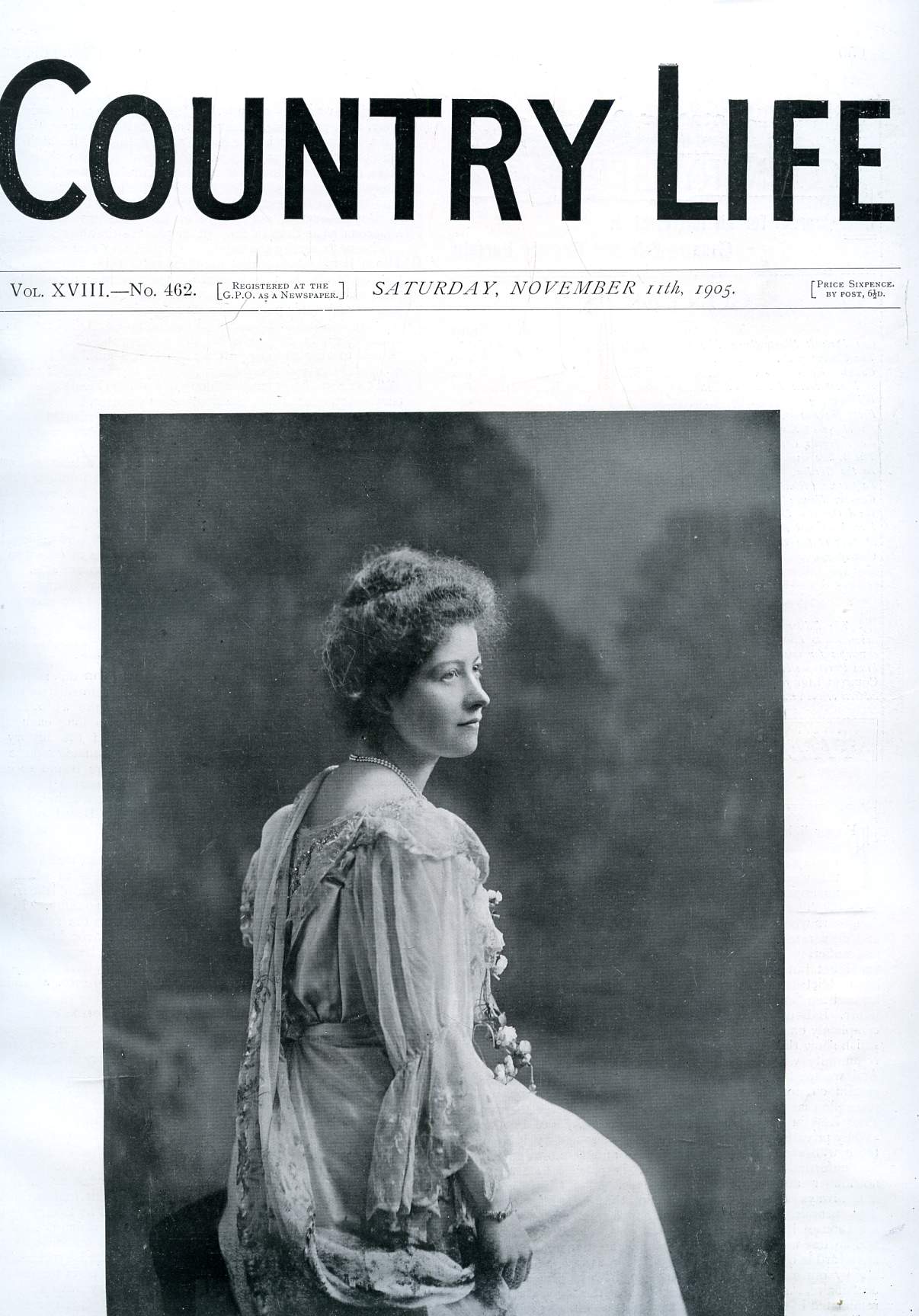 COUNTRY LIFE ILLUSTRATED, VOL. XVIII, N 462, NOV. 1905 (Contents: Our Portrait Illustration : Mrs. Lionel Port man. The Unemployed Problem. Country Notes. A Dorset Horn Flock. (Illustrated). Wildfowling. From the Farms. (Illustrated). Partridges at...)