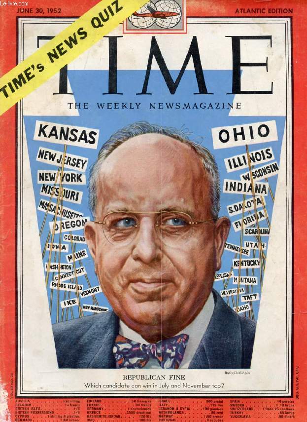 TIME, NEWSMAGAZINE, VOL. LIX, N 26, JUNE 1952 (Contents: Republicans, Taft, Ike & Arithmetic. Pennsylvania, President maker ? Miss Universe Preview. War in Korea. Gina Lollobrigida...)