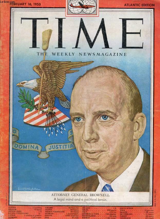 TIME, NEWSMAGAZINE, VOL. LXI, N 7, FEB. 1953 (Contents: Admiral Radford. Ike meets the other branches. Attorney General Brownell (Cover). Argentine Memorial, Evita Peron. Republic Day in India. Jean Monnet...)