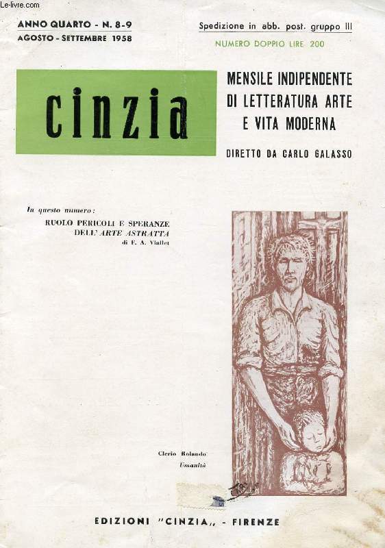 CINZIA, ANNO IV, N. 8-9, AGOSTO-SETT. 1958, MENSILE INDIPENDENTE DI LETTERATURA, ARTE E VITA MODERNA