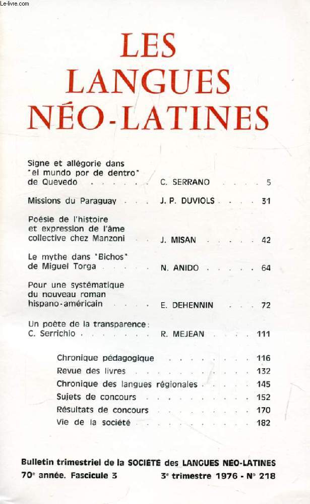 LES LANGUES NEO-LATINES, 70e ANNEE, N 218, 1976 (Sommaire: Signe et allgorie dans 
