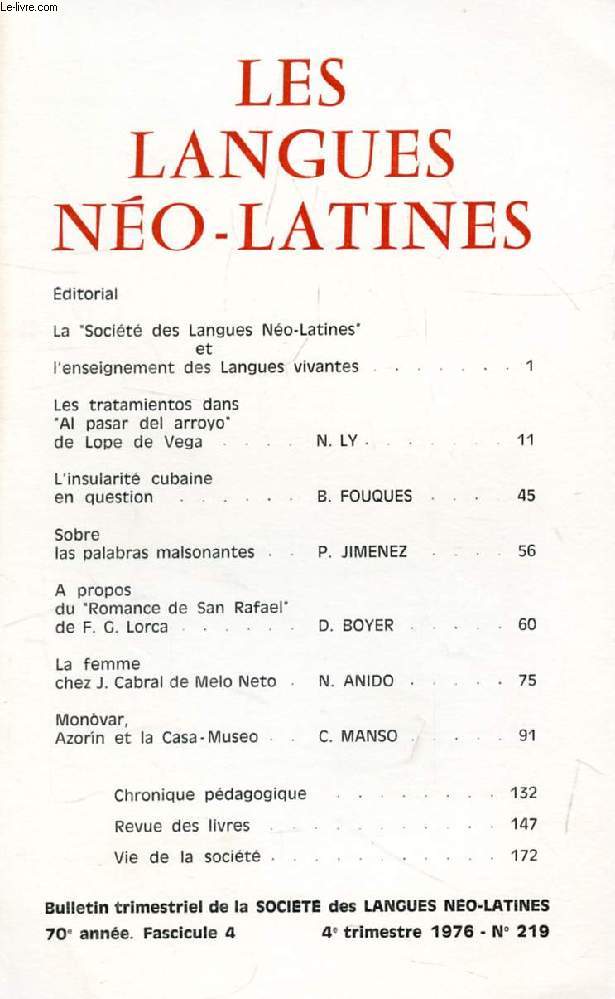 LES LANGUES NEO-LATINES, 70e ANNEE, N 219, 1976 (Sommaire: La 