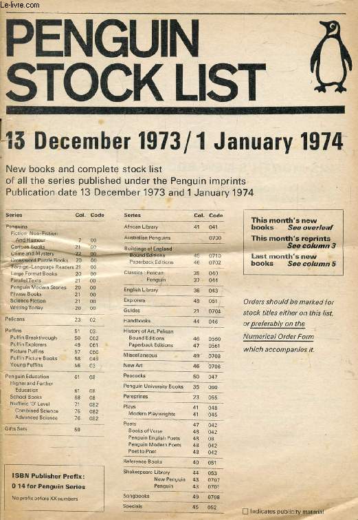 PENGUIN STOCKLIST, 13 DECEMBER 1973 / 1 HANUARY 1974