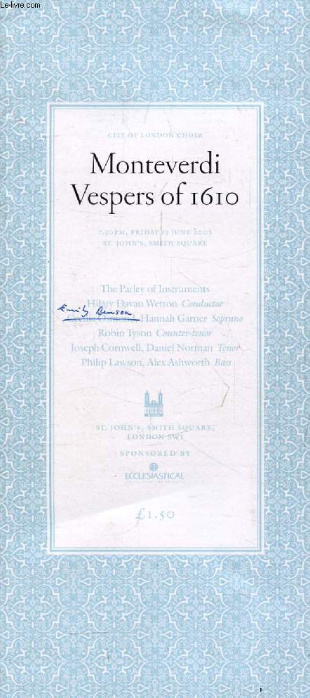 MONTEVERDI VESPERS OF 1610 (Program)