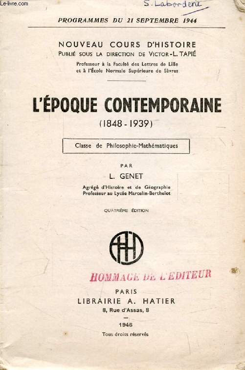 L'EPOQUE CONTEMPORAINE (1848-1939), CLASSE DE PHILOSOPHIE-MATHEMATIQUES
