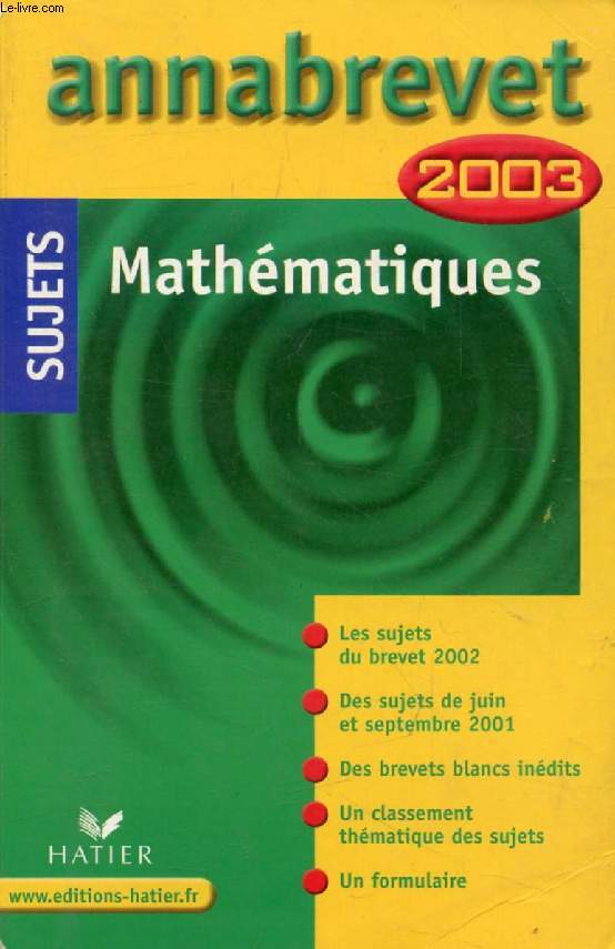 ANNABREVET 2003, MATHEMATIQUES, SUJETS