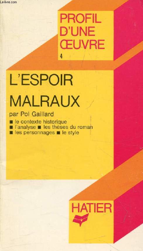 L'ESPOIR, A. MALRAUX (Profil d'une Oeuvre, 4)