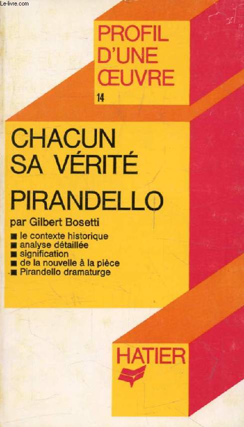CHACUN SA VERITE, L. PIRANDELLO (Profil d'une Oeuvre, 14)