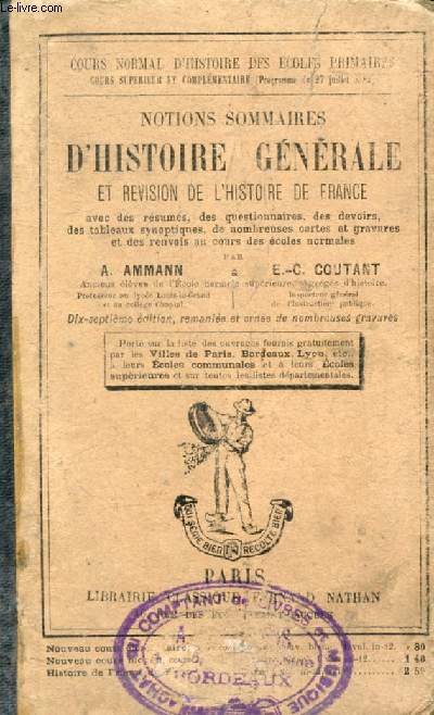 NOTIONS SOMMAIRES D'HISTOIRE GENERALE ET REVISION DE L'HISTOIRE DE FRANCE