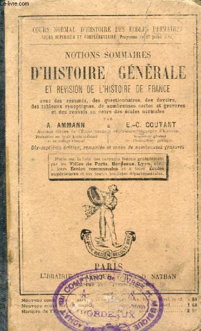 NOTIONS SOMMAIRES D'HISTOIRE GENERALE ET REVISION DE L'HISTOIRE DE FRANCE