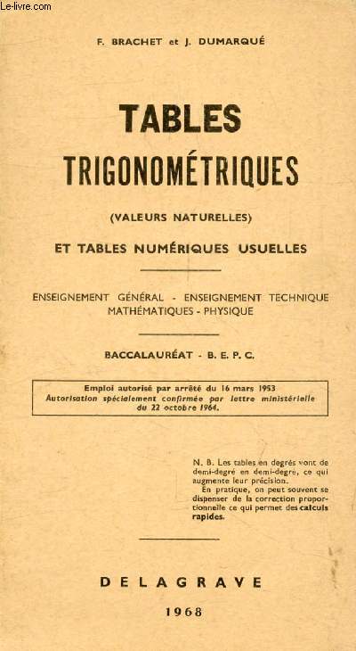 TABLES TRIGONOMETRIQUES (VALEURS NATURELLES) ET TABLES NUMERIQUES USUELLES