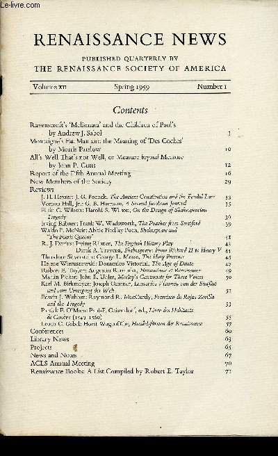 Renaissance News, volume XII, number 1  4, spring, summer, autumn and winter 1959