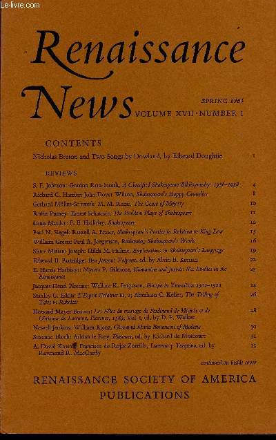 Renaissance News, volume XVII, number 1  4, spring, summer, autumn and winter 1964