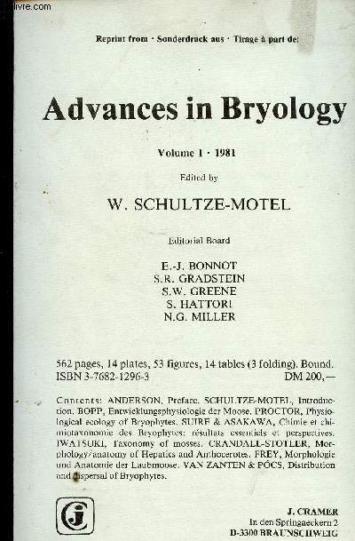 Advances in Bryology, vol 1, 1981 : Chimie et chimiotaxonomie des Bryophytes : rsultats essentiels et perspectives, par Claude Suire et Yoshimori Asakawa