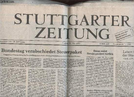 Stuutgarter Zeitung n119, 23 mai 1980 : Bundestag verabsciedet Steuerpaket - Leben in der Stadt, von Erich Peter - Grnes Licht fr Reform der Agrarbesteuerung - etc