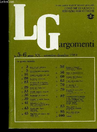 LGargomenti, anno XX, n5-6, settembre-dicembre 1984 : Non c' piu religione, par Fernando Rotondo - Fra Comencini e De Amicis, par Giorgio Bini - Franti non abita piu qui, par Gian Maria Bruzzone - etc