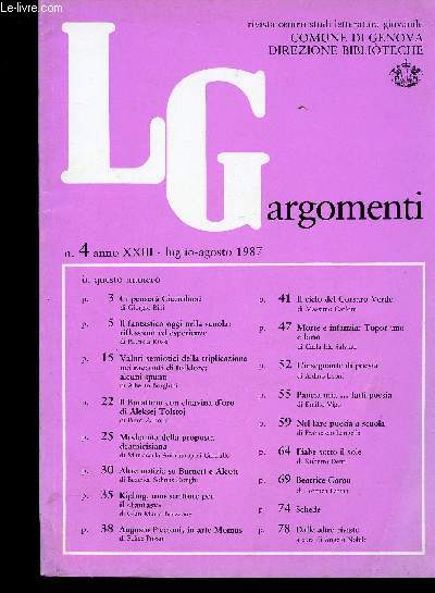 LGargomenti, anno XXIII, n4, luglio-agosto 1987 : Ci pensera Cicciolina ?, par Giorgio Bini - Il fantastico oggi nella scuola : riflessioni ed esperienze, par Patrizia Rossi - Modernita della proposta deamicisiana, par Mariacarla Andrianopoli Cardullo -